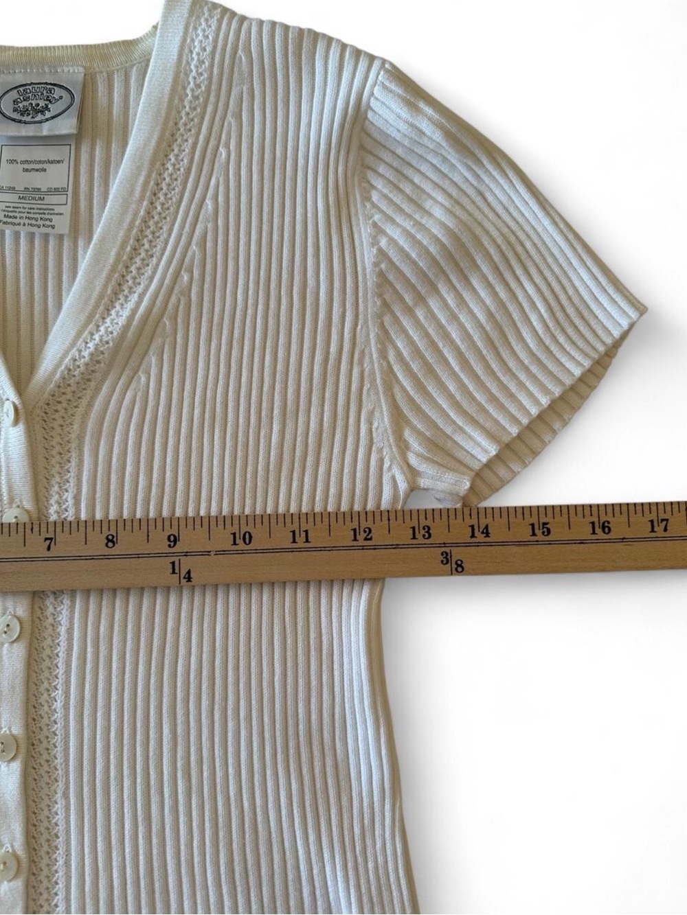 Laura Ashley 100% Cotton Ribbed Short Sleeve Cardigan Top Ivory Minimalist 90s M - Picture 6 of 7